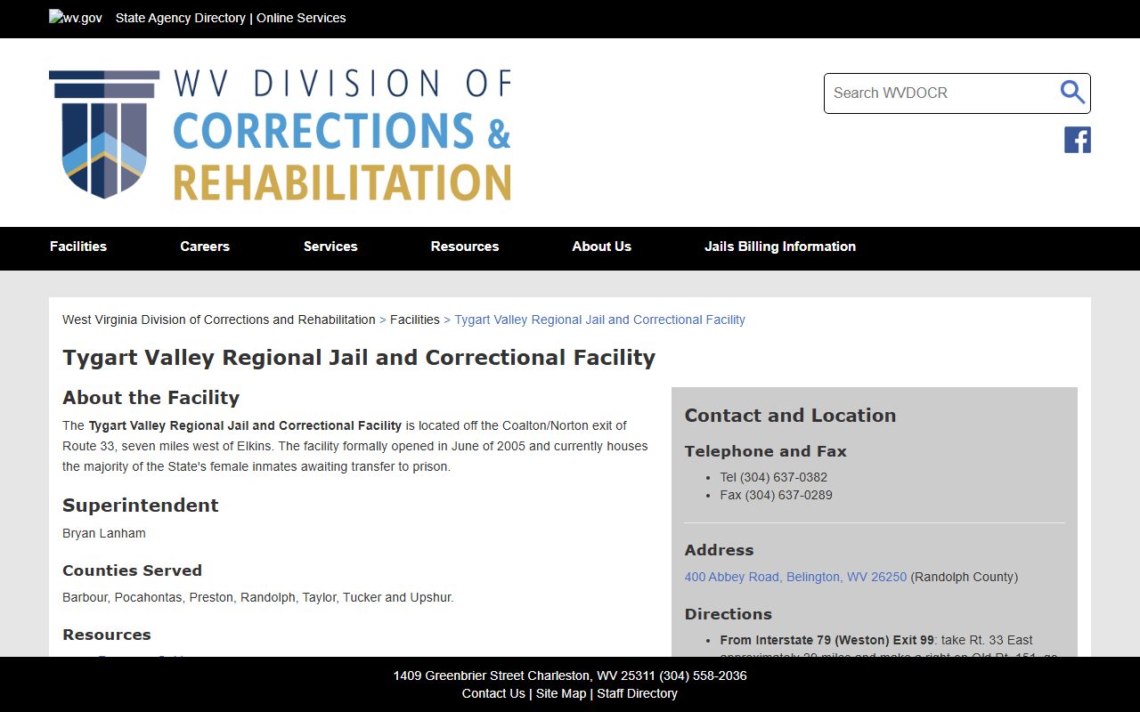 Tygart Valley Regional Jail and Correctional Facility inmate lookup facility page